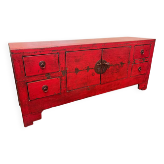 Meuble bas ancien chinois laqué rouge