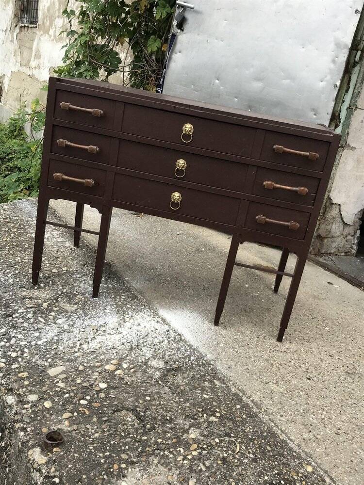 Vintage pine chest of drawers painted dark brown, 3 drawers from the 1950s mid-century style.