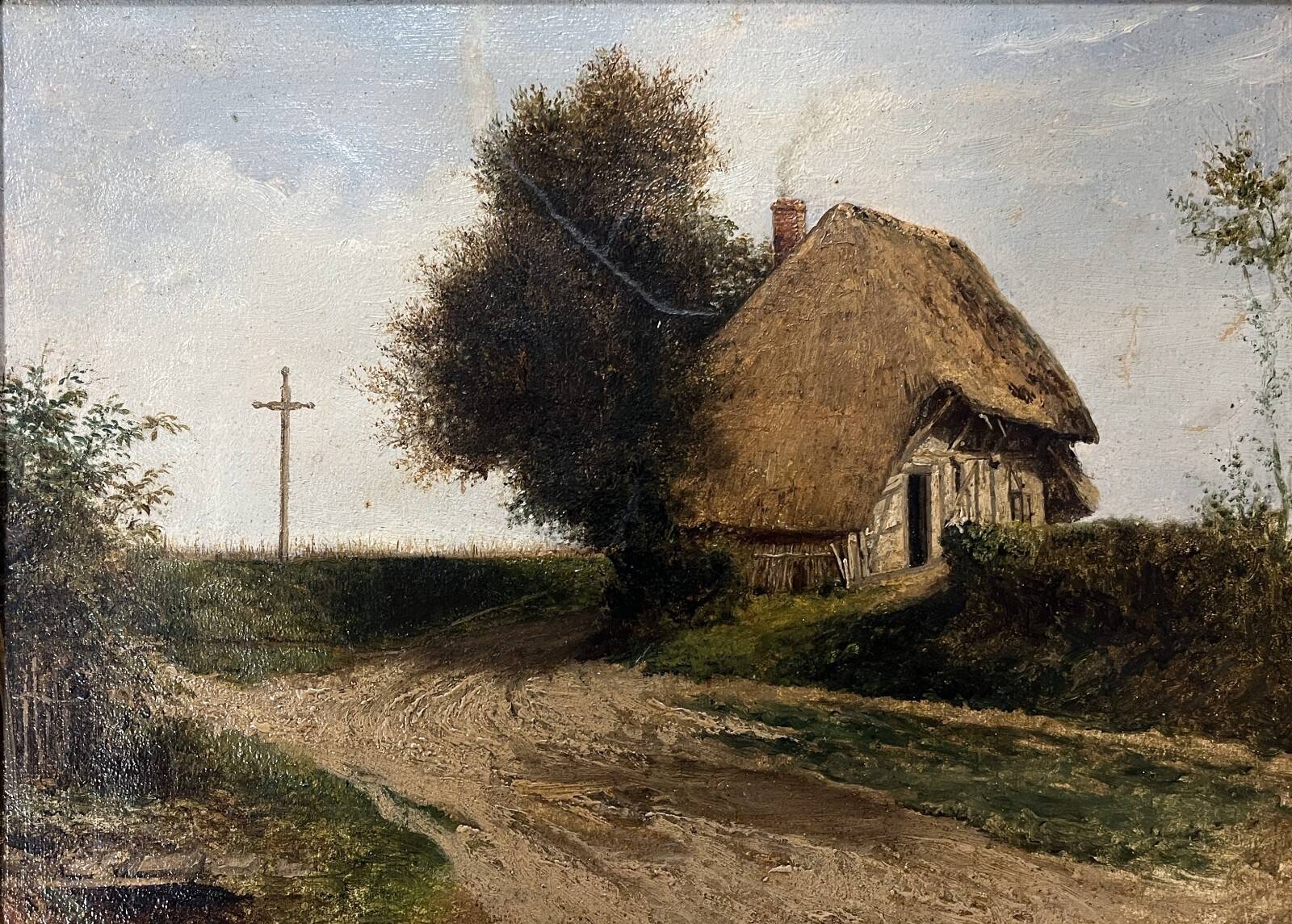 Tableau HST "Cottage by the roadside" calvary Brittany 19th century
