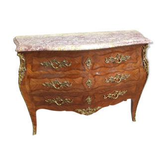Louis XV style pink wooden tomb chest of drawers with marble top