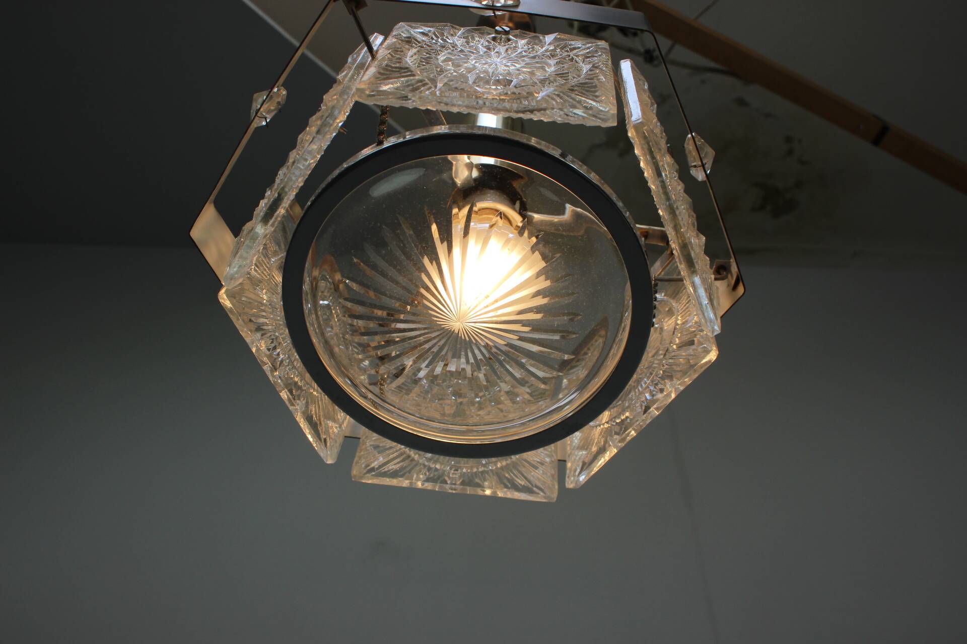 1970s Czechoslovak Kamenický Šenov Cut Glass and Chrome Pendant Light