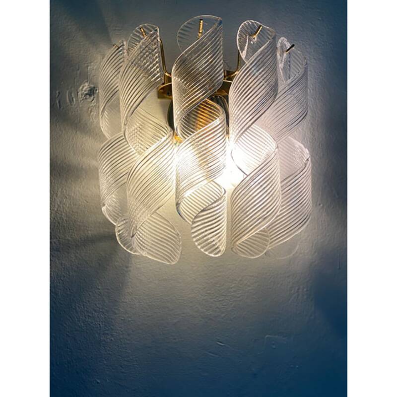 Set of Two Transparent “Ricci” Murano Glass Gold 24k Wall Sconces in Mazzega Style