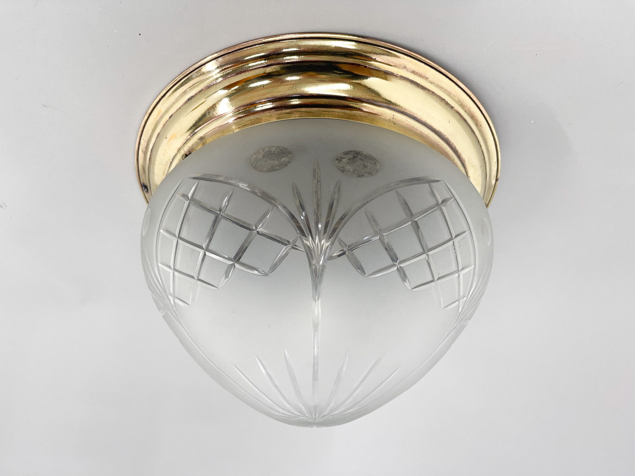 Art deco brass & cut glass flush mount, czechoslovakia