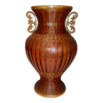 Vase ancien Shangaï tressé rotin bambou céramique république populaire de chine
