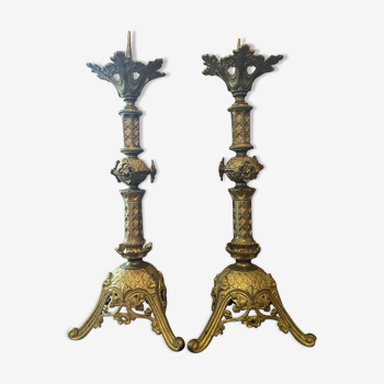 Pair of gilded bronze church picnickers in neo-gothic style of the nineteenth century