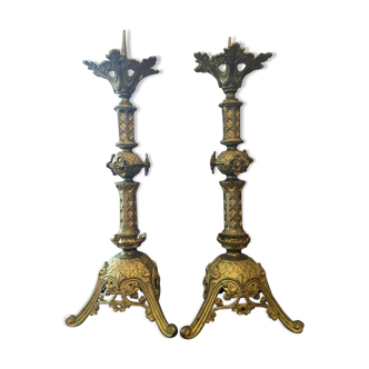 Pair of gilded bronze church picnickers in neo-gothic style of the nineteenth century