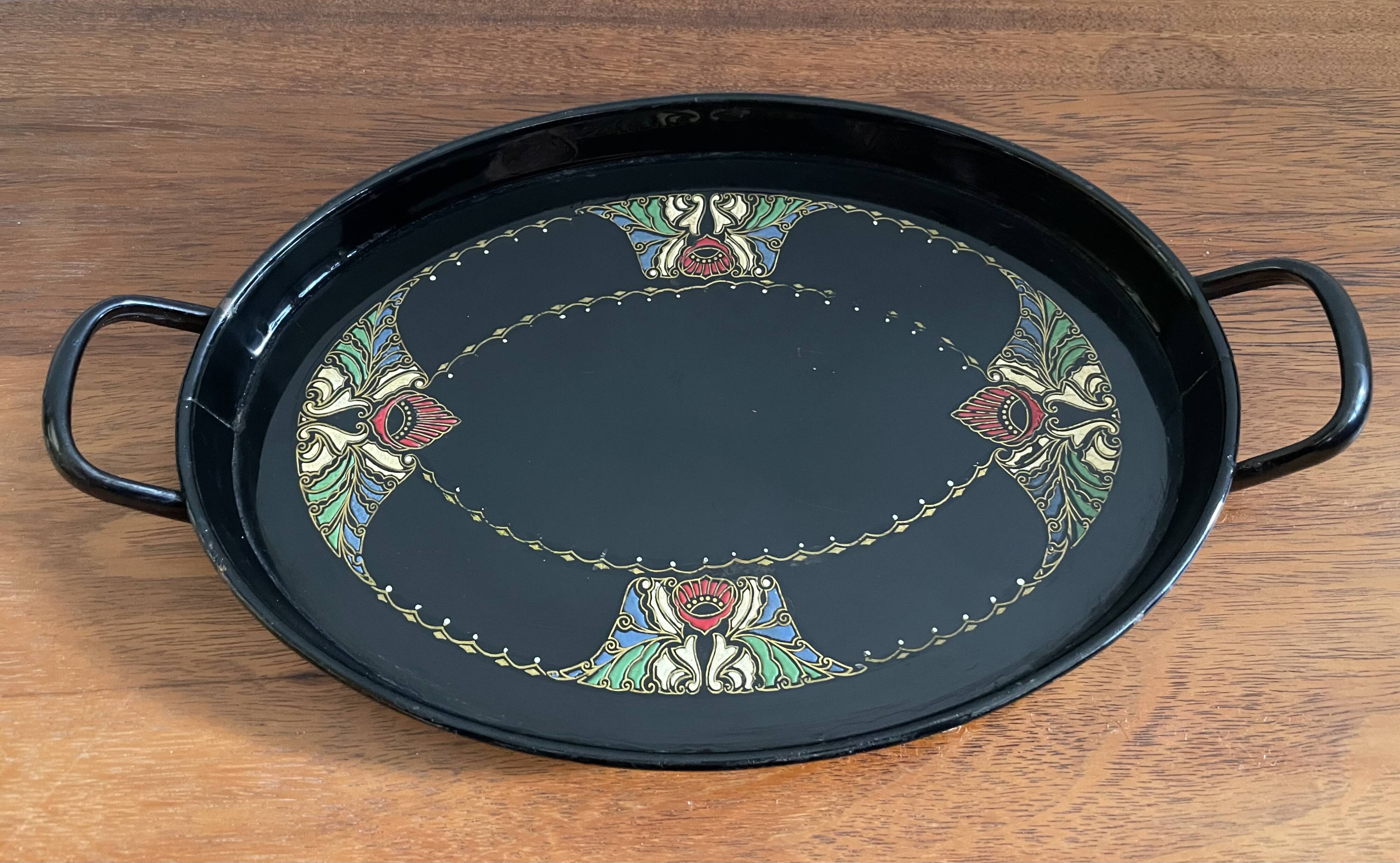 Art Deco black enameled serving tray with decoration