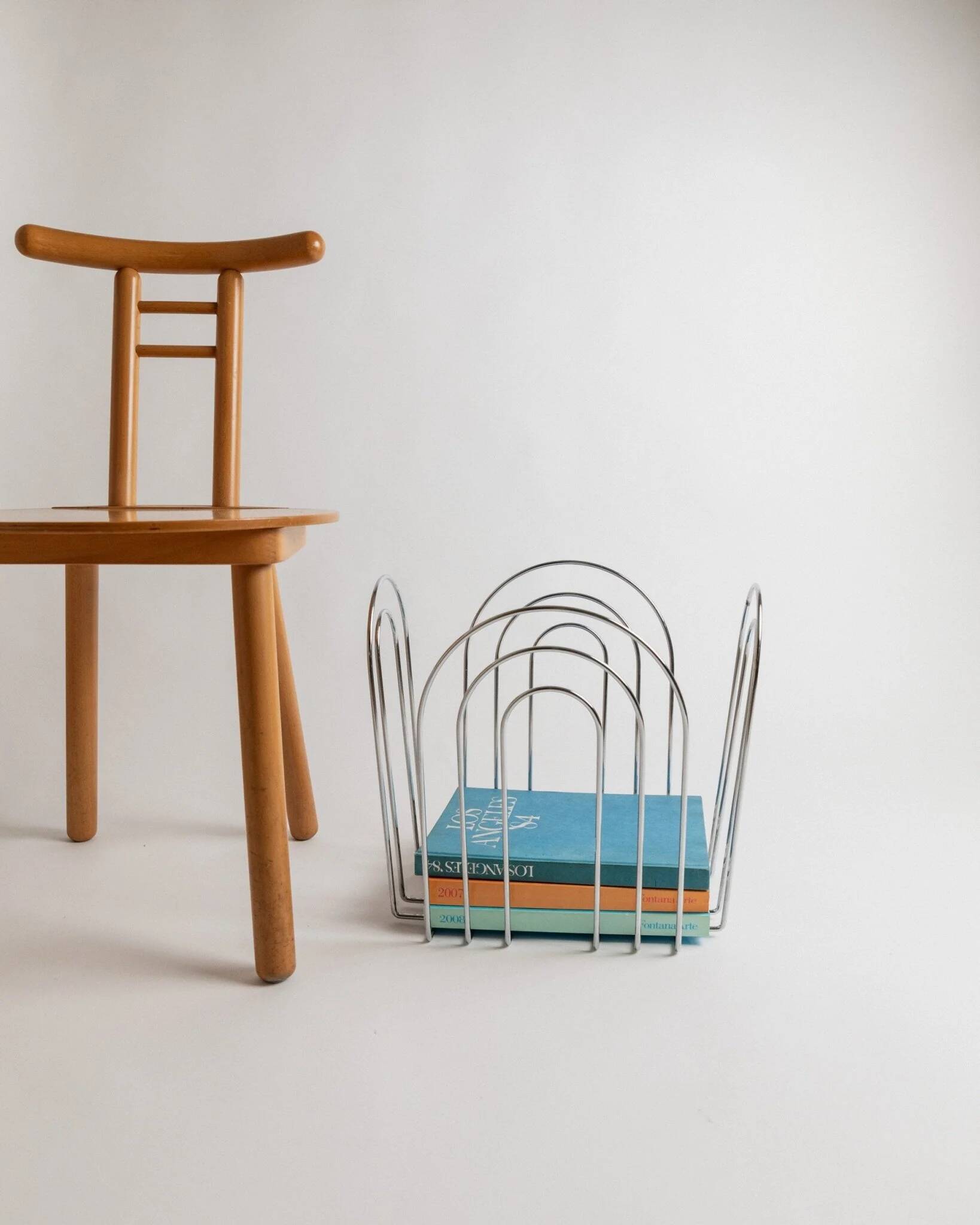 Vintage chrome-plated metal basket in Space Age 1980s design – silver storage for magazines, throws, 37x42x34 cm