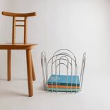 Vintage chrome-plated metal basket in Space Age 1980s design – silver storage for magazines, throws, 37x42x34 cm