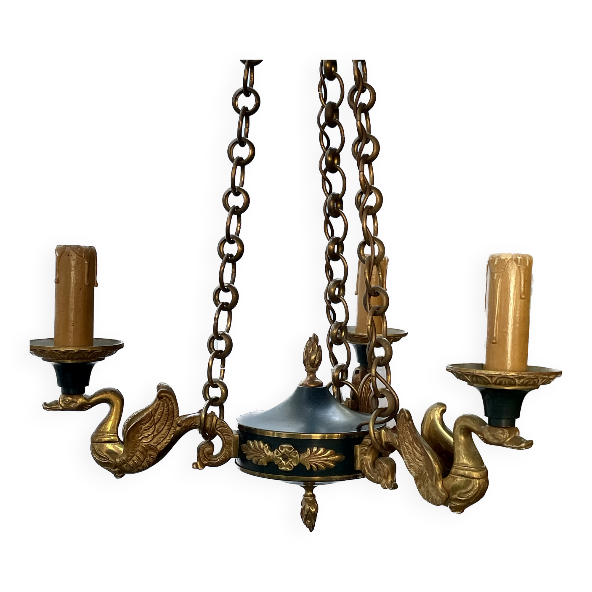 Lucien gau chandelier pendant lamp in bronze with swan decoration.