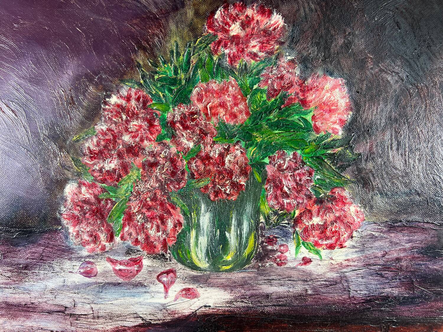 Painting painting bouquet of red peony flowers