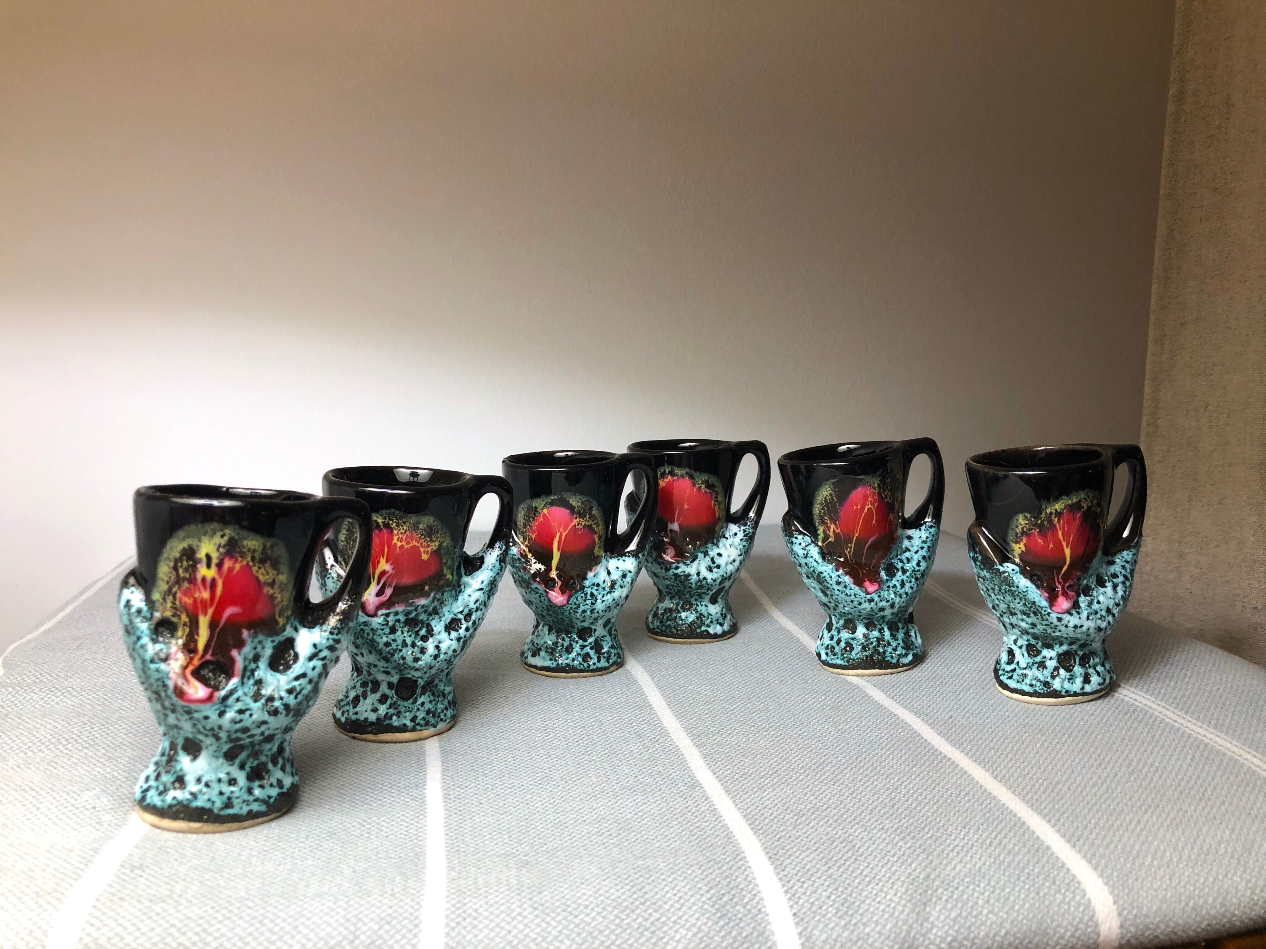 Old coquetiers signed Vallauris Turquoise and Red