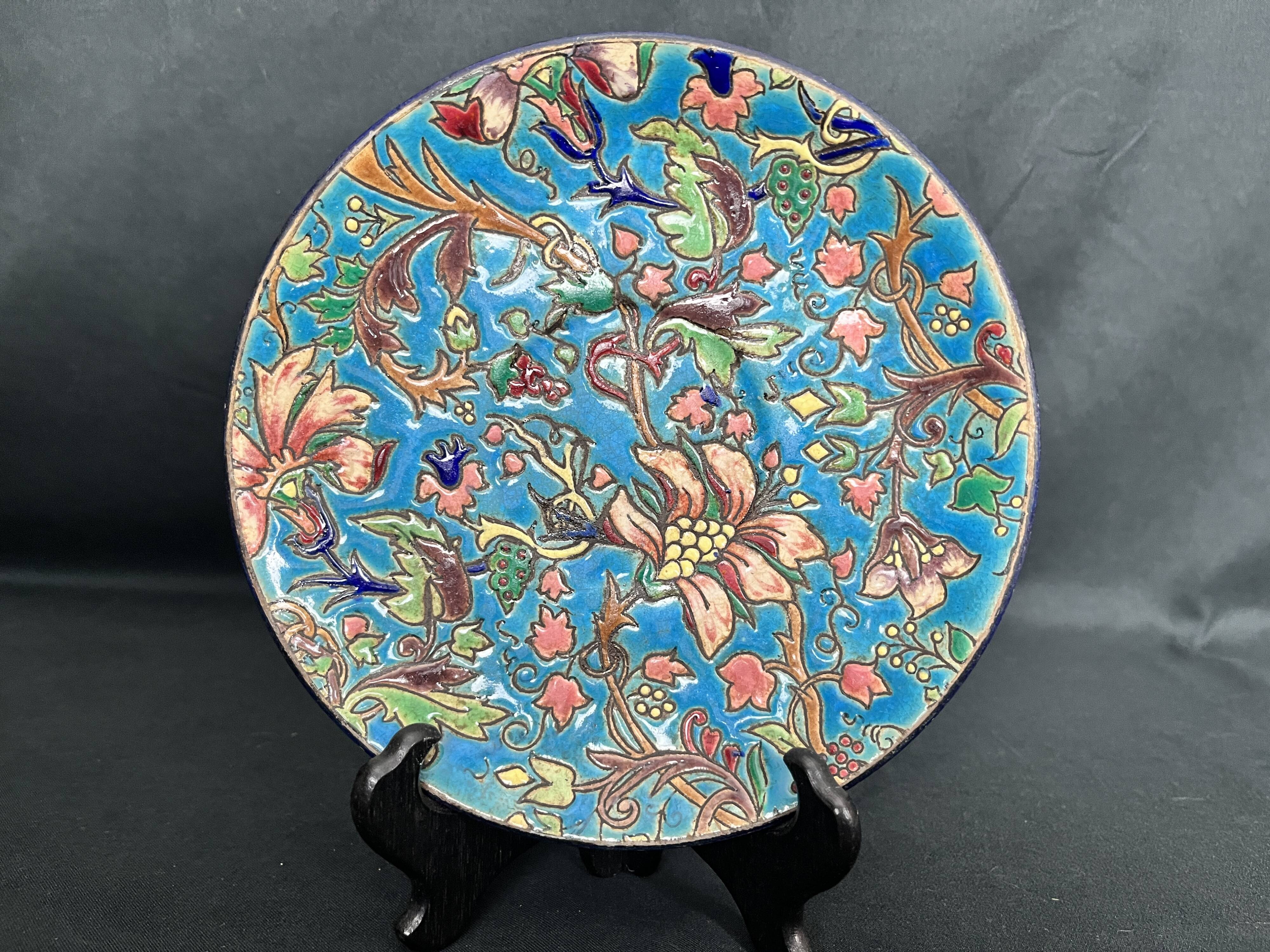 Longwy, small enamel plate with floral decoration, 19th century