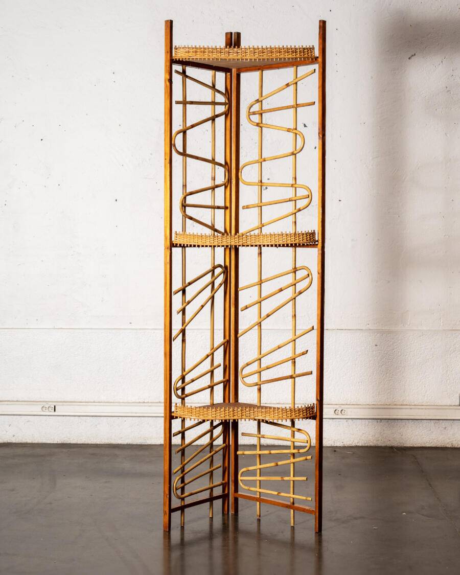 Large wooden and bamboo corner shelf