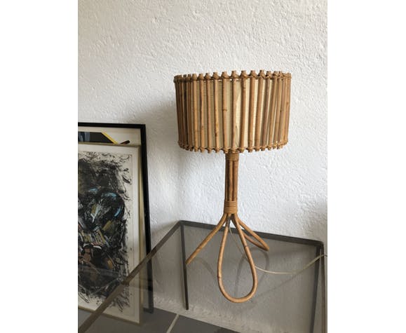 Vintage rattan tripod lamp