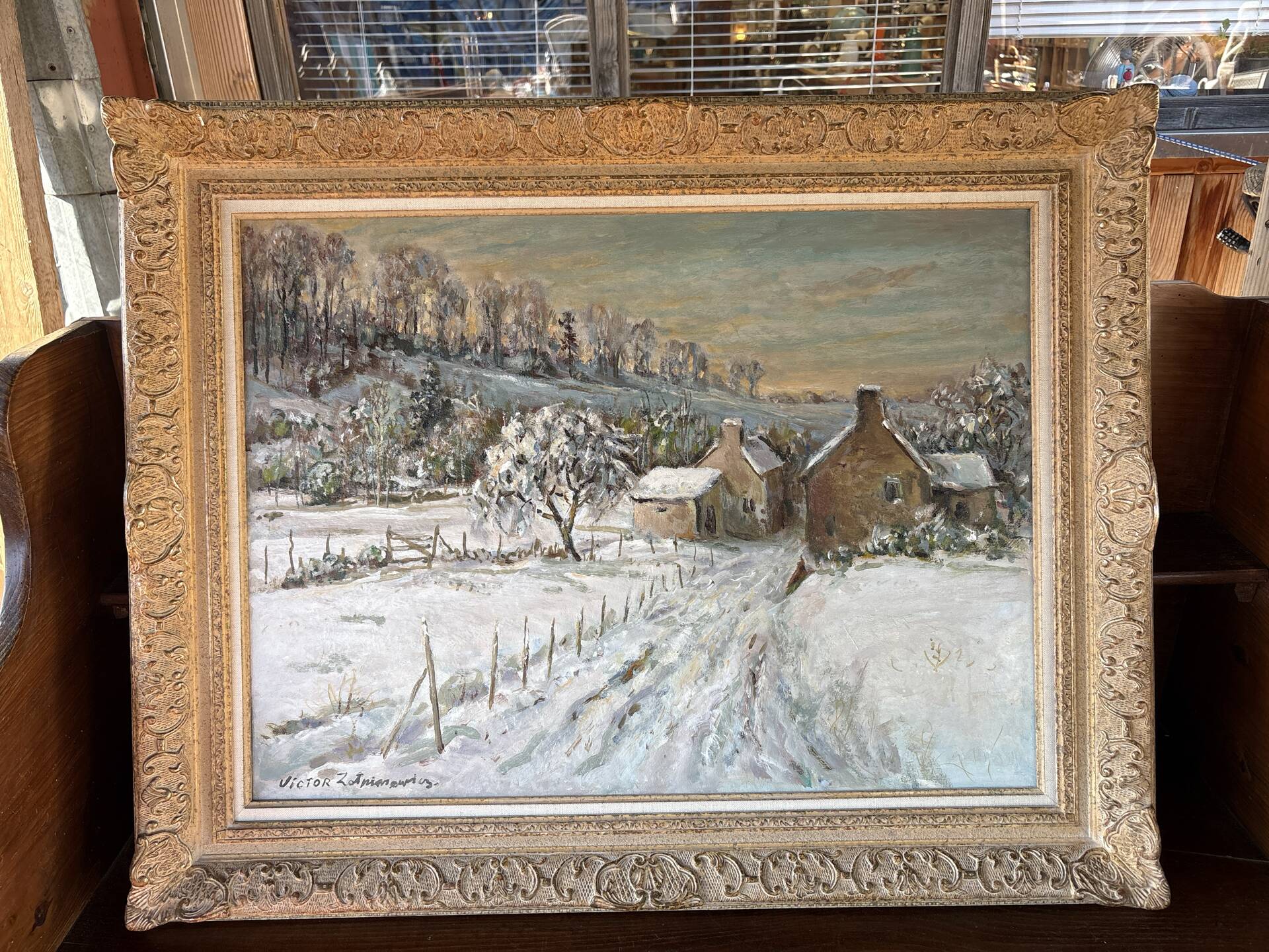 Large oil on canvas signed by Victor Zolnierowicz – Snowy landscape in