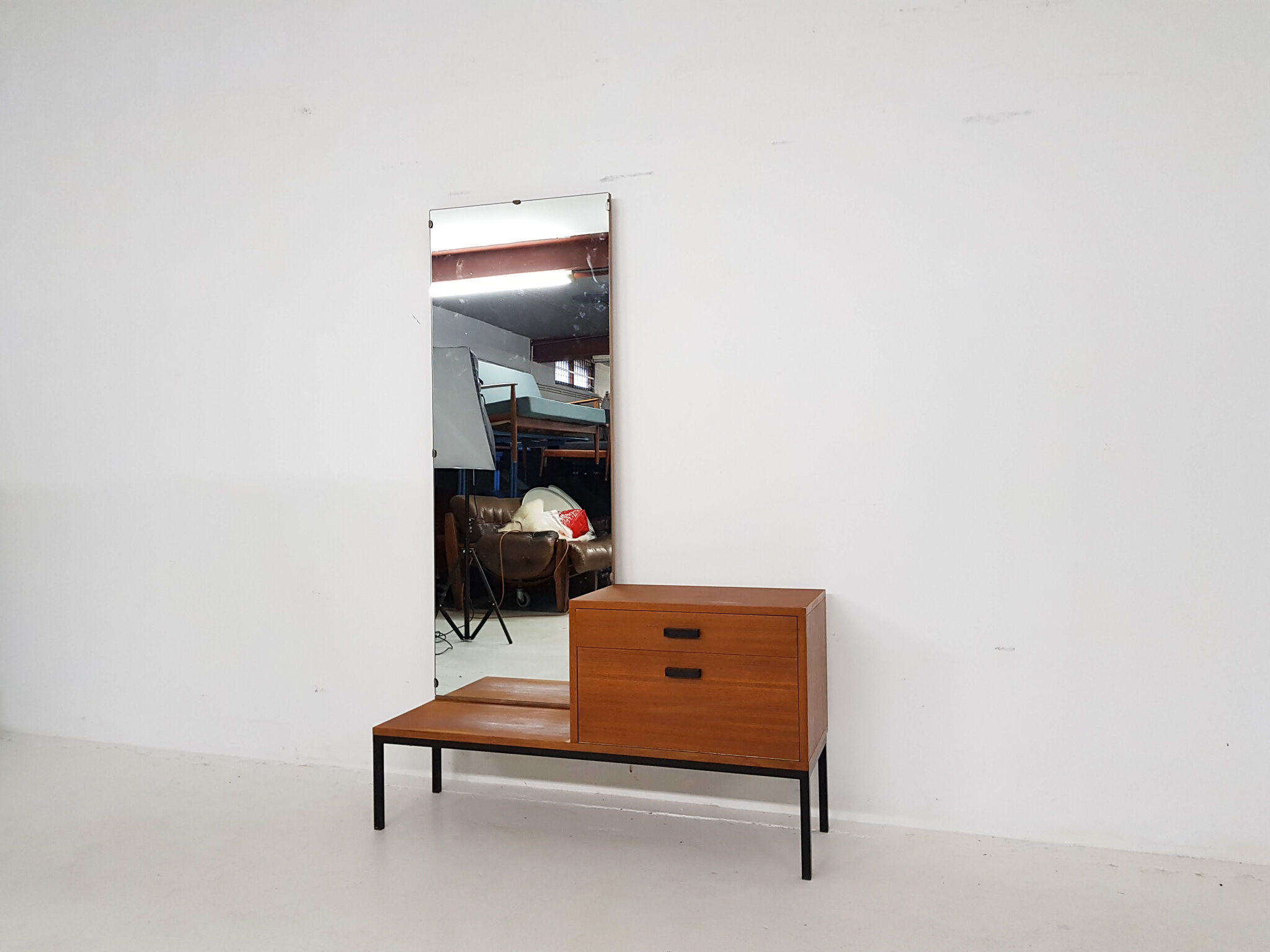 Mid-century teak hall way cabinet with mirror, The Netherlands 1950's
