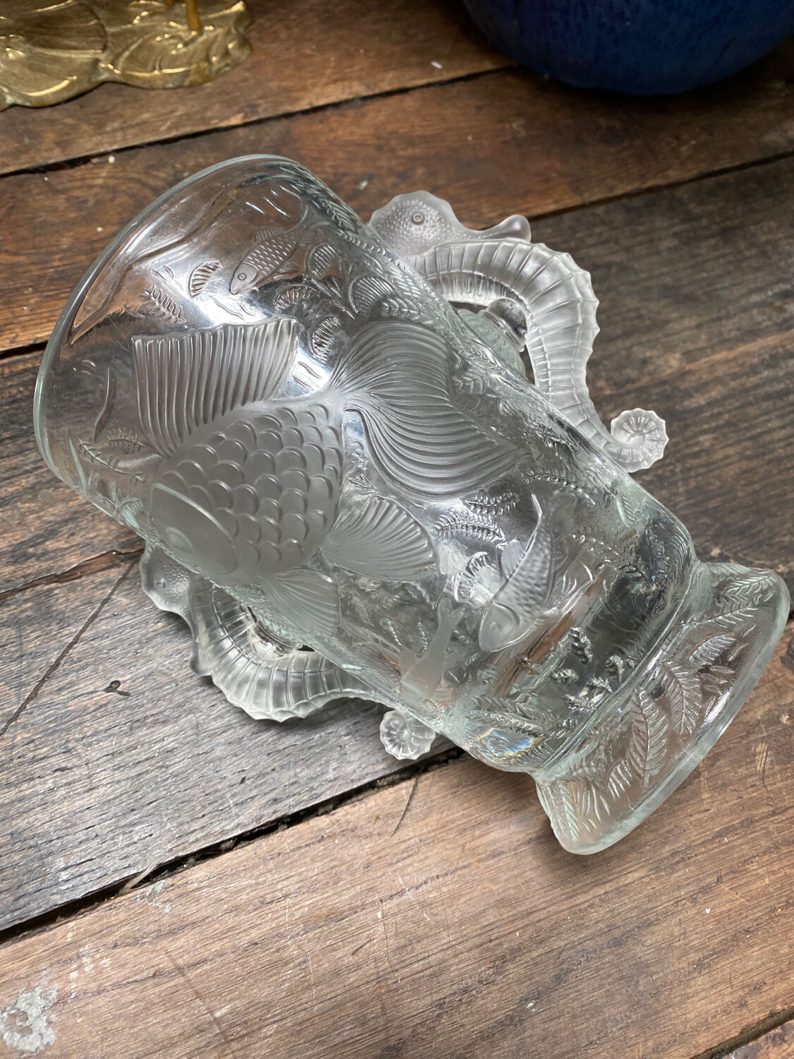 Art Deco crystal vase fish and hypocampes