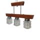 Mid-century pendant lamp with wooden frame and three pressed glass shades,