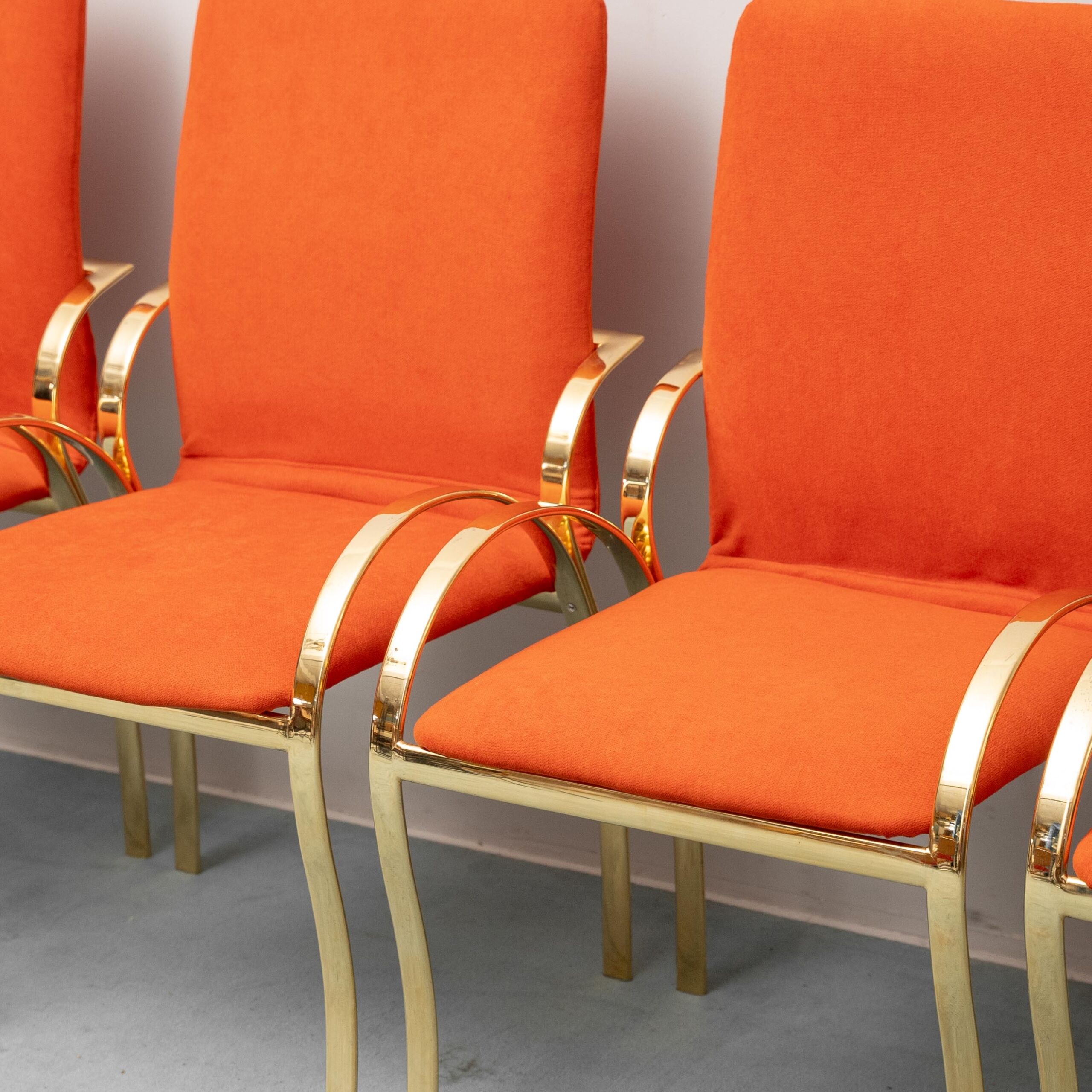 Set of 4 vintage golden metal and orange fabric chairs, 1970s modernist