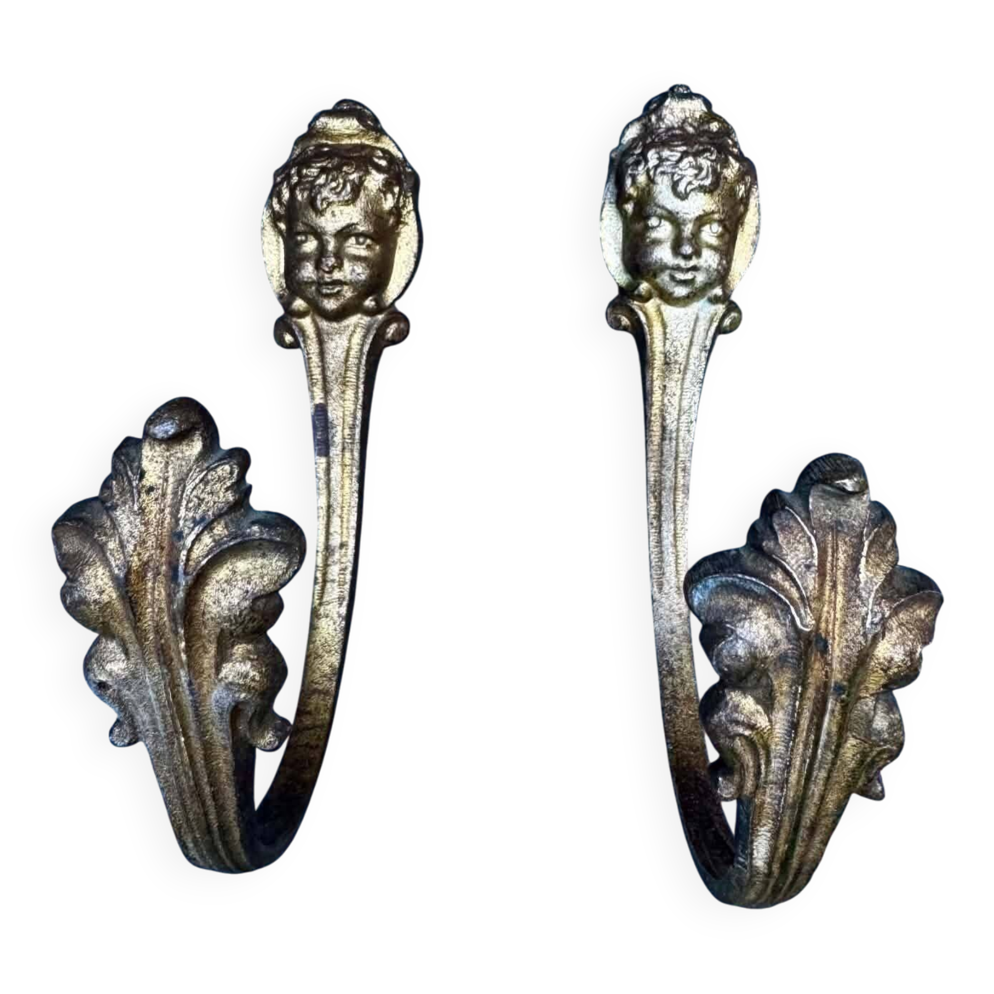 Pair of bronze putti coat hooks signed Art Nouveau period