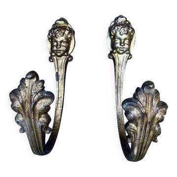 Pair of bronze putti coat hooks signed Art Nouveau period