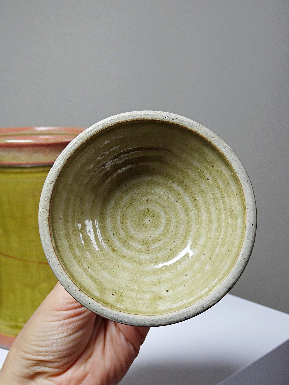 Decorative pot vintage two-tone glazed stoneware spice box handmade signed