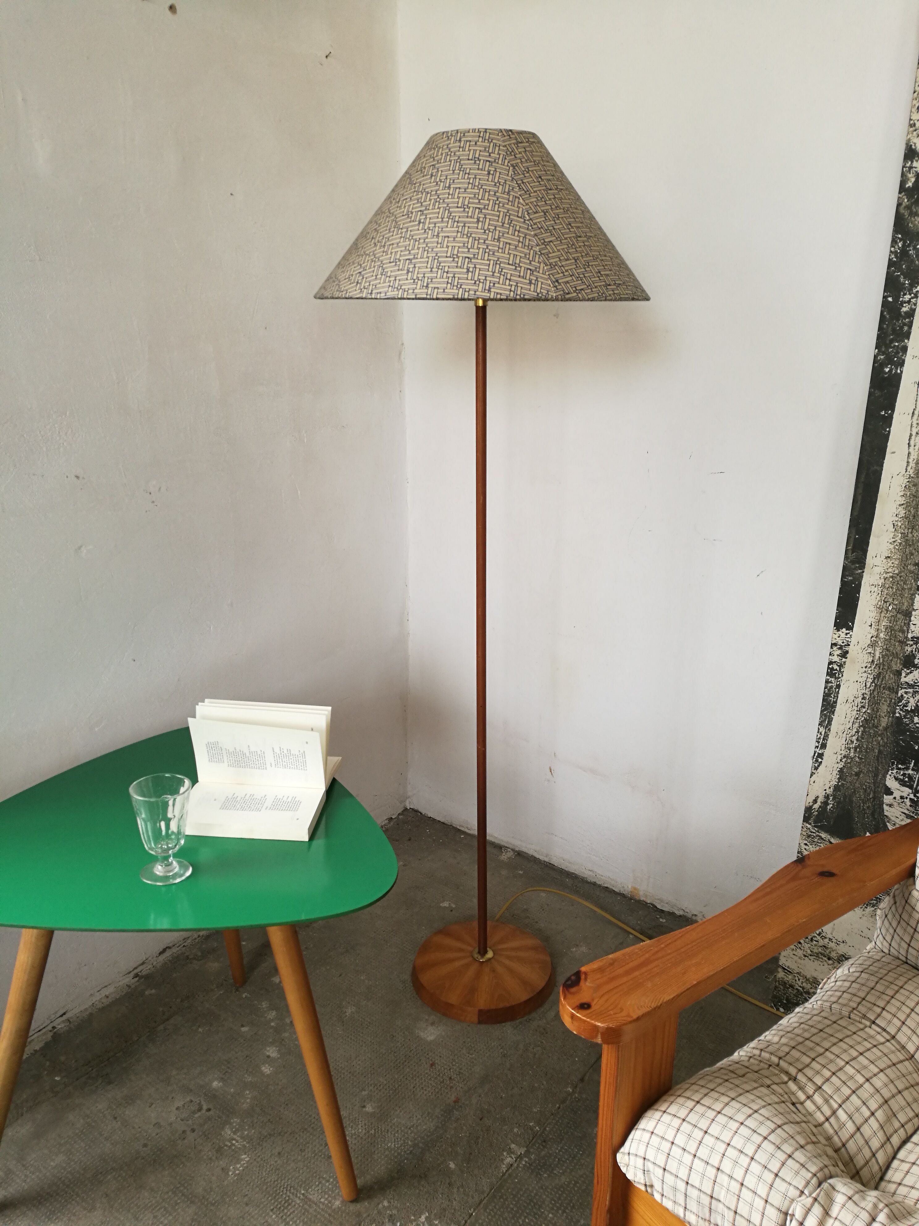 Wood and brass floor lamp