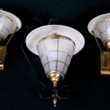 Mid-Century Brass, Black Metal and Opaline Gilt Glass Lantern and sconces, Maison Lunel, France