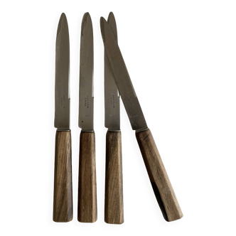 Série de 4 couteaux de campagne Christofle Paris acier manche en bois