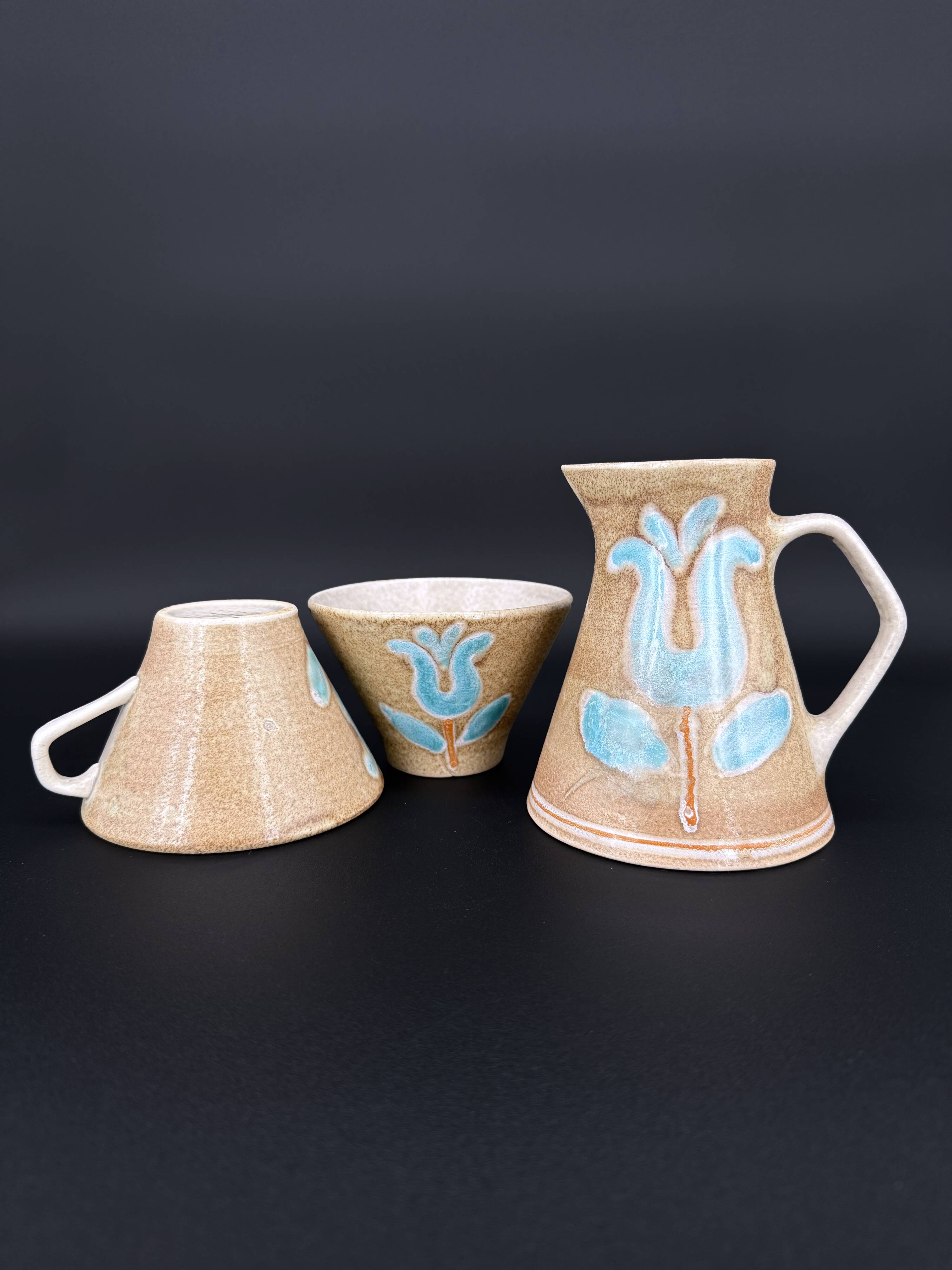 Grès breton peint main – Ensemble floral turquoise Manufacture Bretonne de