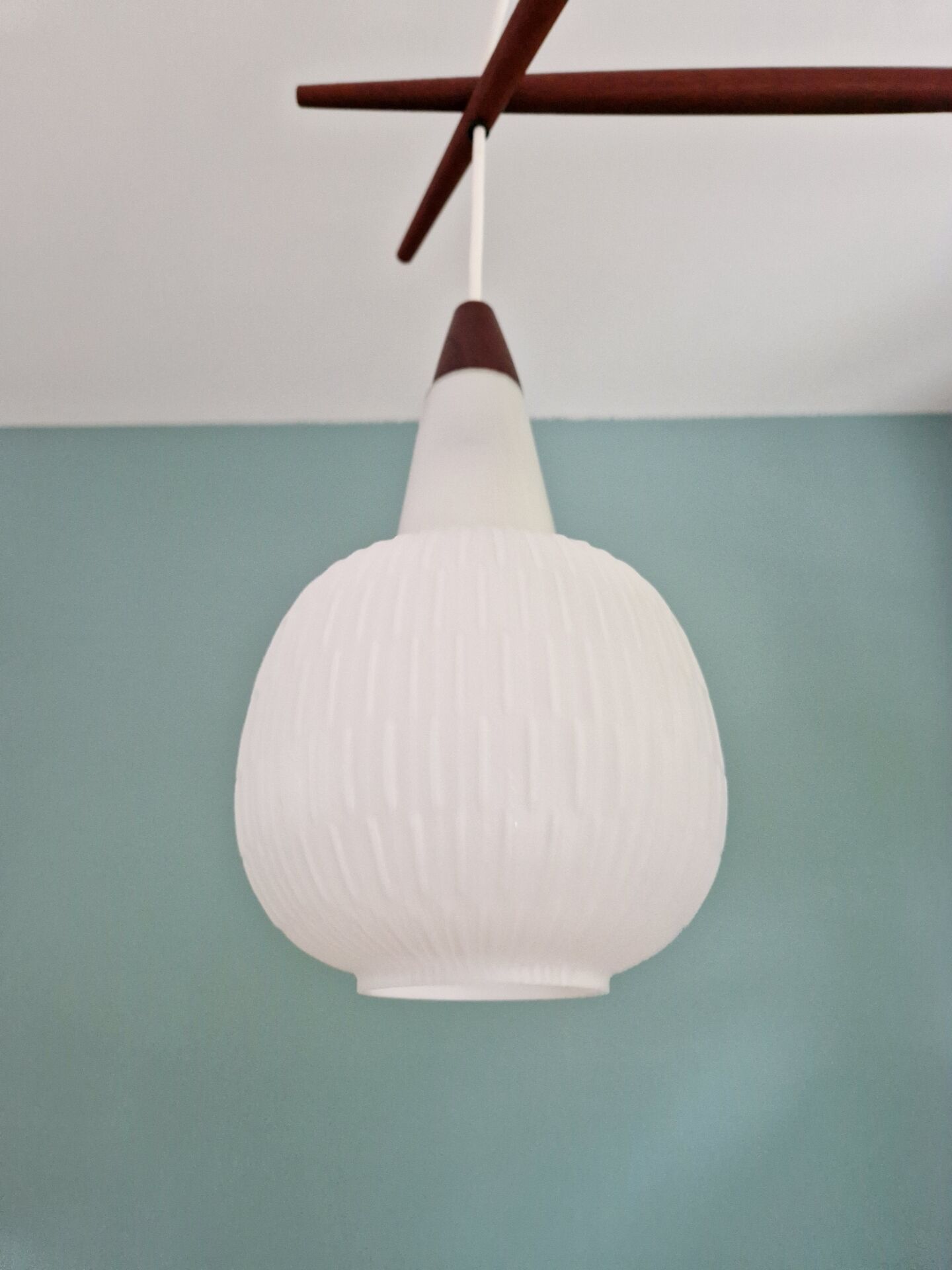 Scandinavian chandelier in teak and white opaline, 1960s