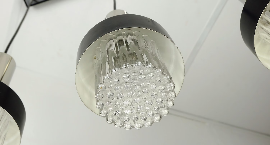 Mid century modern 3-light pendant lamp glass and chrome and black metal 1960s