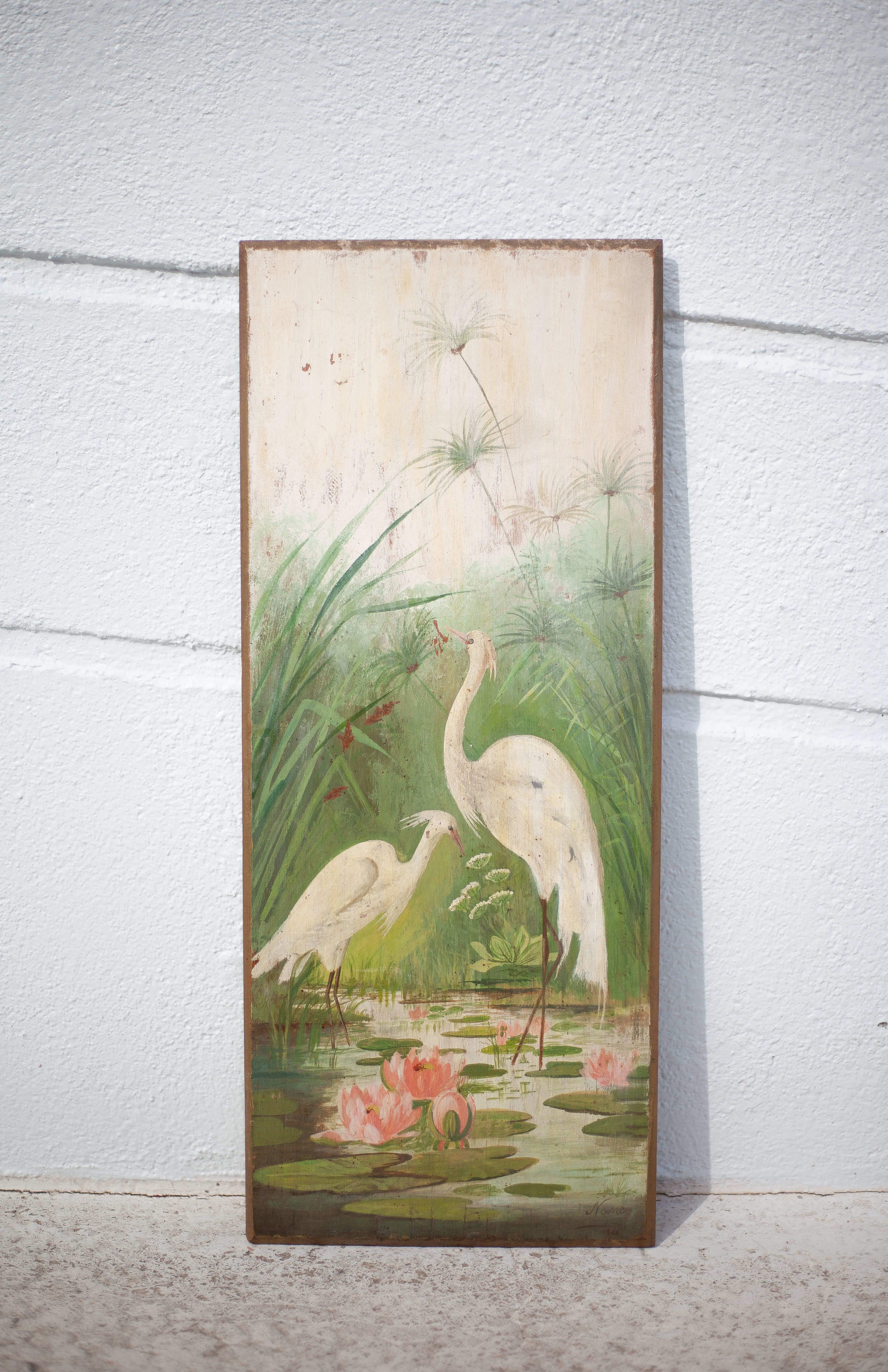 Pair of naturalistic painted wood panel signed Nancy 1900, Art Nouveau, pink flamingo bird, heron