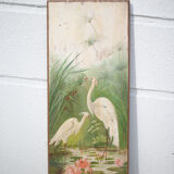 Pair of naturalistic painted wood panel signed Nancy 1900, Art Nouveau, pink flamingo bird, heron