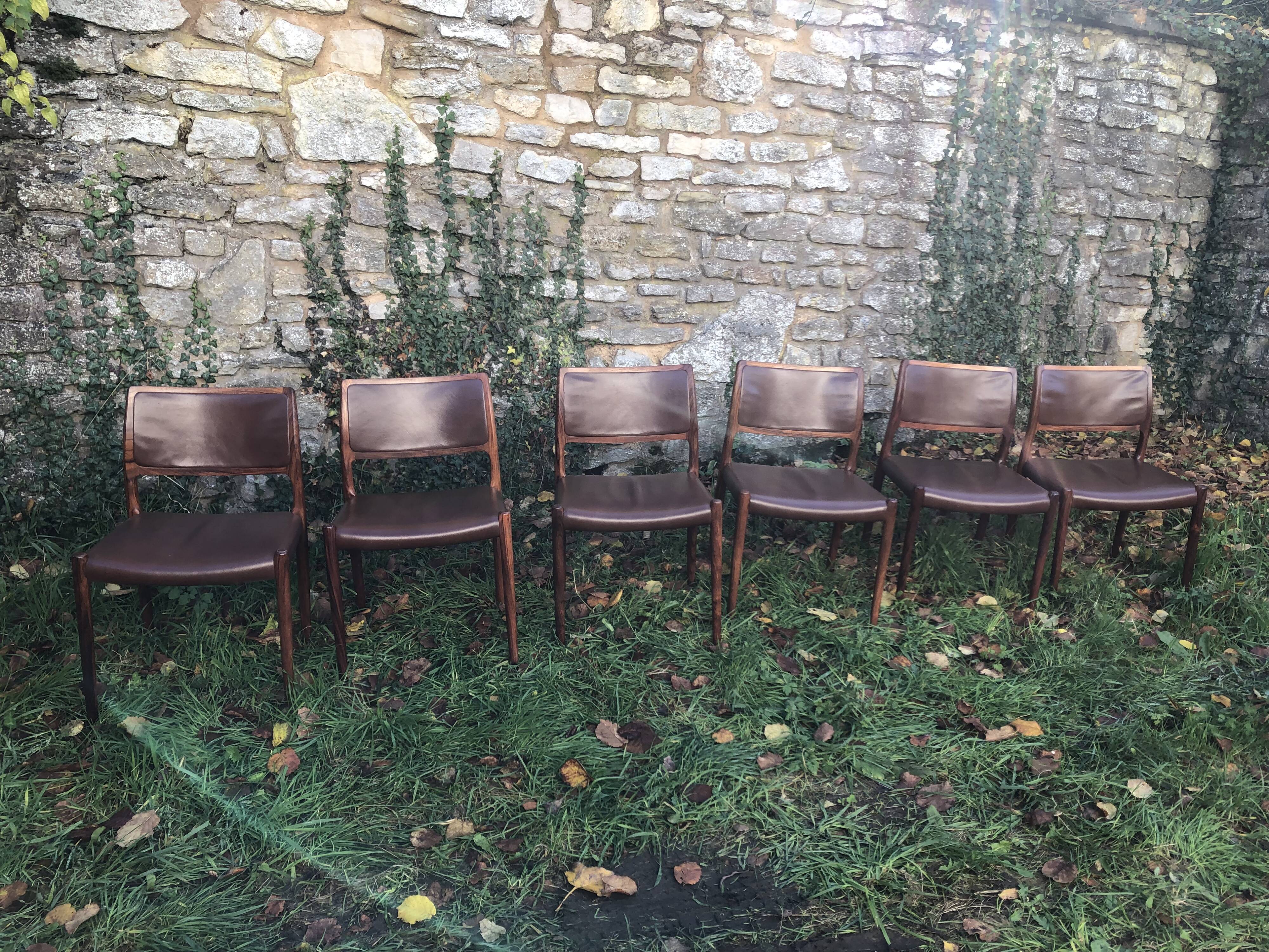 Chairs Niels Otto Møller model 80 brown leather and rosewood 60s