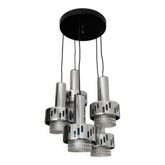 Raak waterfall pendant light. 1970. 5 steel and glass tubes.