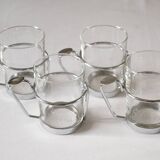 Lot de 4 tasses, verre et support en métal, Duralex France
