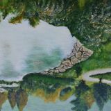 Oil on canvas lake in autumn