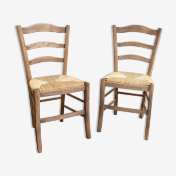 Pair of raw wood and straw chairs