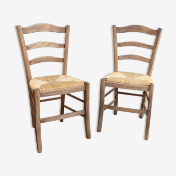 Paire de chaises bois brut et paille