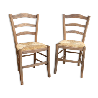 Pair of raw wood and straw chairs