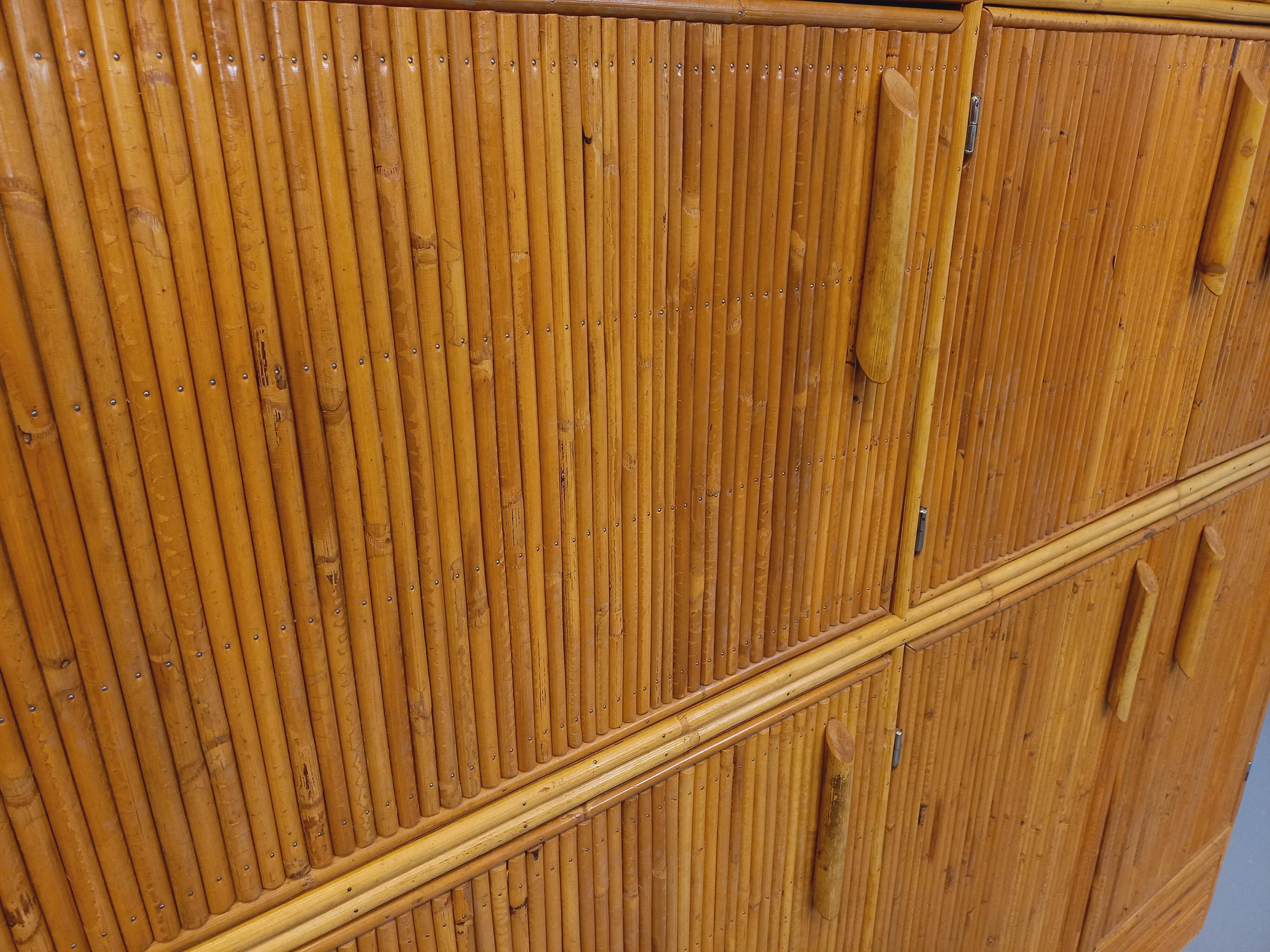 Vintage rattan and light wood storage unit from the 60s