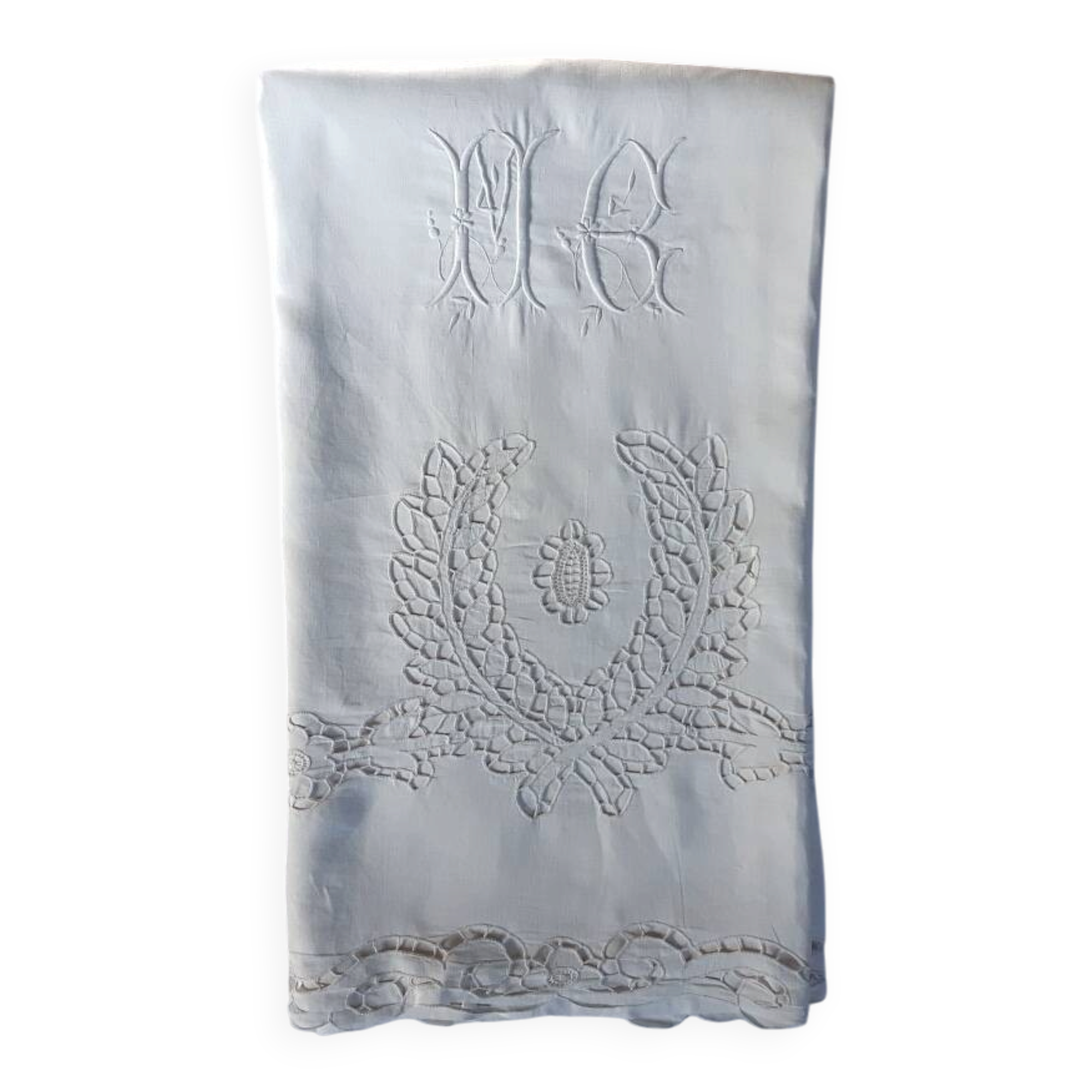large sheet 2m25 x 3m, 19th-century Richelieu embroidery, monogrammed MG
