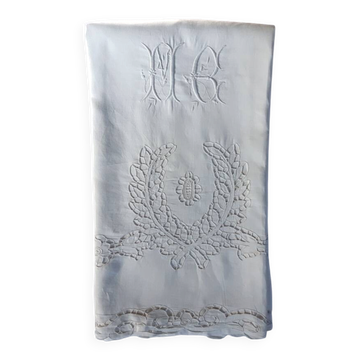 large sheet 2m25 x 3m, 19th-century Richelieu embroidery, monogrammed MG