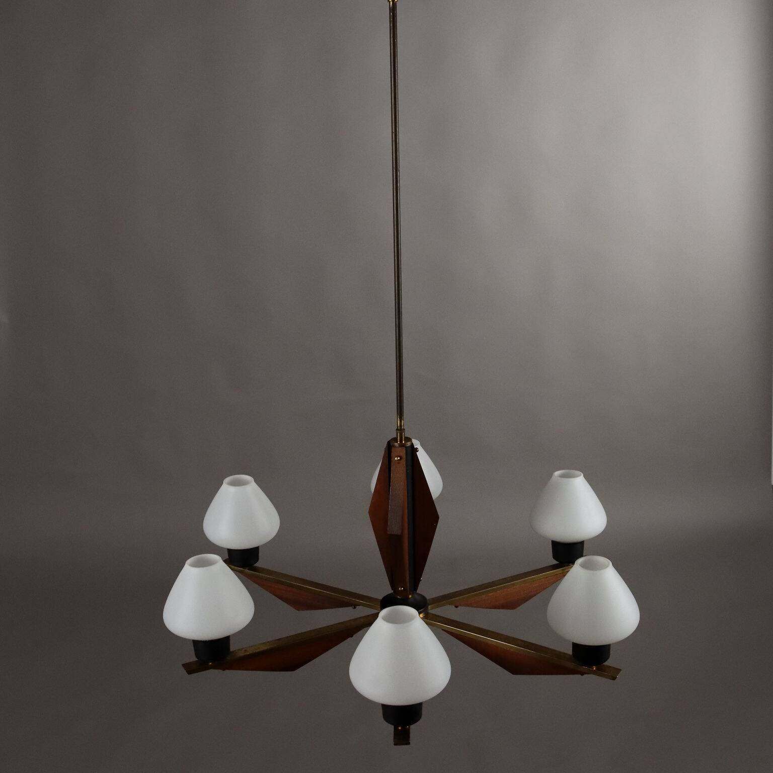 Vintage aluminum and teak chandelier, Italy, 1960s