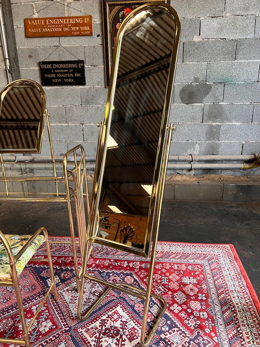 Dressing table and matching psyche in gold metal and glass 70