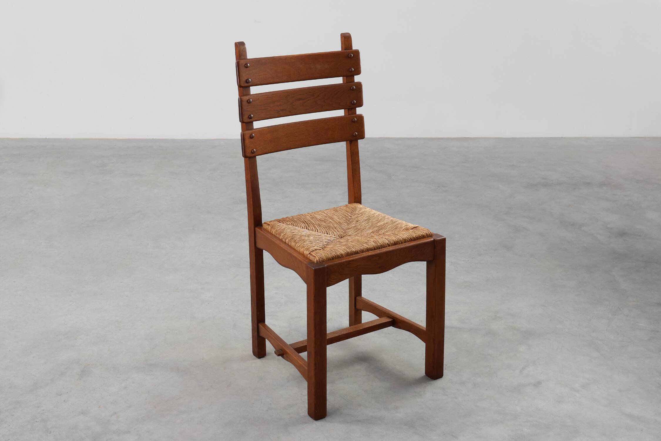 1960s Belgian Mid-Century Chair in Oak and Wicker, Brutalist Style