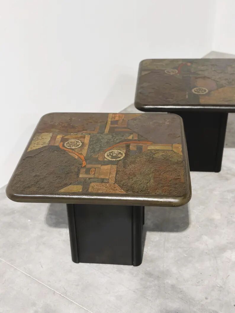 Pair of vintage Kneipp side tables with sculptural tops in mixed materials, 1970s