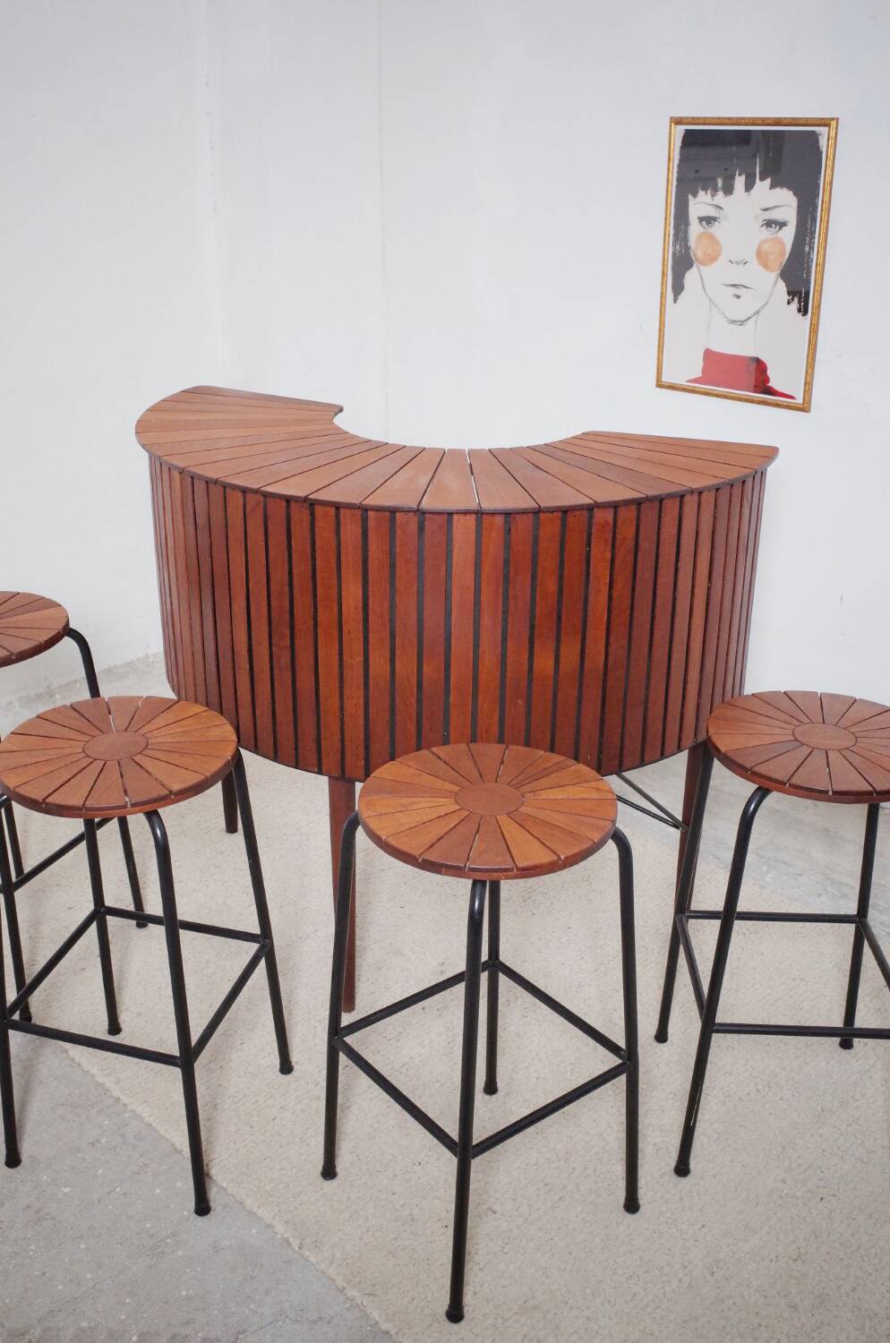 Sika Møbler vintage Bar mit 4 Barhocker aus Teak